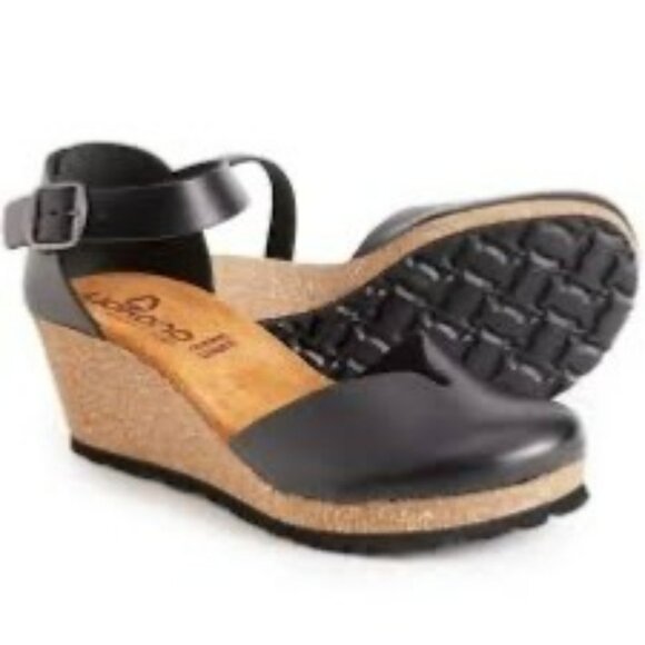 Yokono Womens Black Leather Mary Jane Wedge Sandals Size 7 With Cork Sole & Buck - Picture 1 of 7